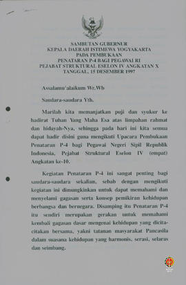 Teks sambutan Gubernur Kepala Daerah Istimewa Yogyakarta pada pembukaan penataran P4 bagi pegawai...