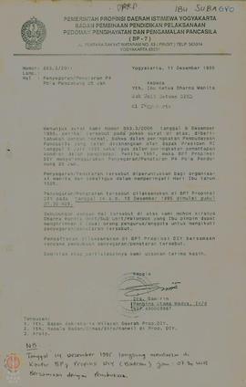 Surat dari Kepala BP-7 Propinsi DIY tertanggal 11 Desember 1995  ditujukan kepada Ketua Dharma Wa...