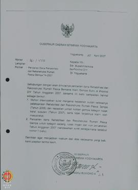Surat dari Gubernur Daerah Istimewa Yogyakarta kepada Bupati/Walikota se Provinsi Daerah Istimewa...