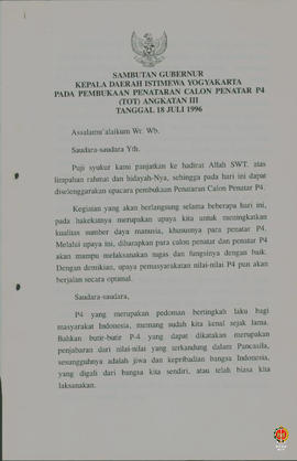 Teks sambutan Gubernur Kepala Daerah Istimewa Yogyakarta pada acara pembukaan penataran calon pen...