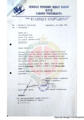 Surat dari Sekretaris  Serikat Penerbit Surat Kabar (SPS)  Cabang Daerah Istimewa Yogyakarta kepa...