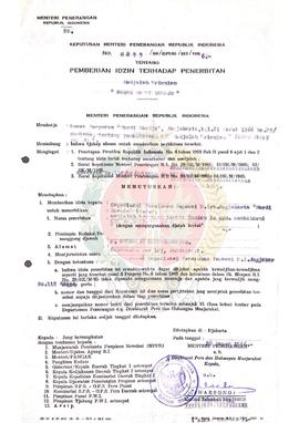 Keputusan Menteri Penerangan Republik Indonesia Nomor : 0233/SK/DPHM/SIT/1966 tentang pemberian i...