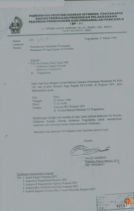 Surat dari Kepala BP7 ditujukan kepada Bapak Gubernur Kepala DIY perihal permohonan sambutan dan ...