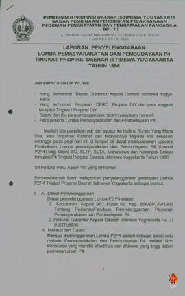 Laporan penyelenggaraan lomba permasyarakatan dan pembudayaan P4 Tingkat Provinsi DIY tahun 1996.