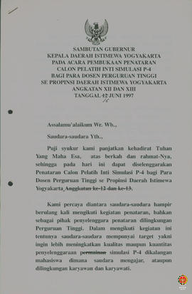 Teks Sambutan Gubernur Kepala DIY pada acara Pembukaan Penataran Calon Pelatih Inti Simulasi P4 b...