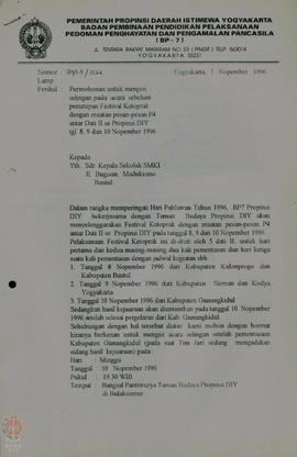 Surat dari BP-7 Propinsi DIY Nomor 893.3/1522, tanggal 5 November 1996 ditujukan kepada kepala Se...