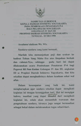 Teks Sambutan Gubernur Kepala DIY pada acara penutupan P4 bagi Pegawai RI non eselon gol. IV dan ...