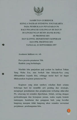 Teks sambutan Gubernur Kepala Daerah Istimewa Yogyakarta pada pembukaan penataran P4 bagi Pegawai...