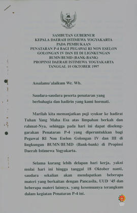 Teks sambutan Gubernur Kepala Daerah Istimewa Yogyakarta pada pembukaan Penataran P4 bagi Pegawai...