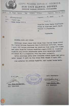 Berkas mengenai penerimaan dan penyaluran hewan Qurban 1417 Hijriah melalui Dewan Perwakilan Daer...