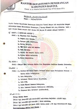 Surat pernyataan dari Kantor Departemen Penerangan Kabupaten Bantul tentang penerimaan bahan-baha...