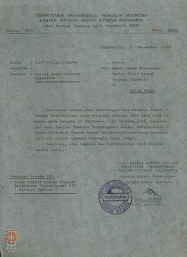 Surat dari Kantor Wilayah Departemen Transmigrasi DIY (Kepala Bidang Penerangan) kepada Ketua Pel...