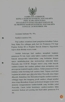 Teks Sambutan Gubernur Kepala Daerah DIY pada acara penutupan penataran P4 bagi Pejabat seselon I...