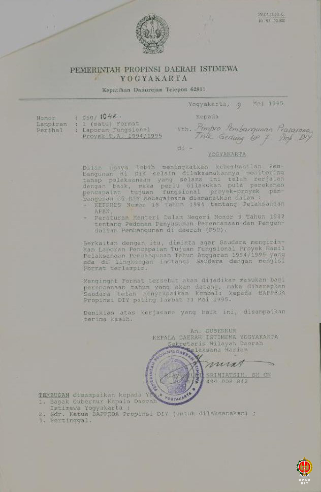 Surat dari Kepala DIY kepada Pimpro Proyek Pembangunan Prasarana Fisik