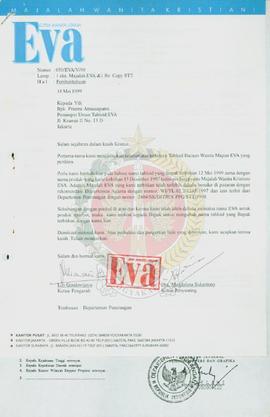 Surat dari Pengasuh Majalah Wanita Kristiani Eva kepada Pemimpin Umum Tabloid Eva Jakarta perihal...