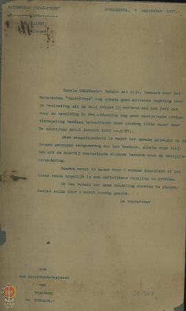 Surat dari Voorzitter Waterschap “Opak-progo”  Nomor 1783 tertanggal 7 September 1927 ditujukan k...
