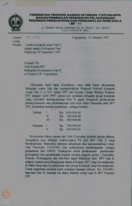 Surat dari BP-7 Propinsi DIY tertanggal 11 Oktober 1997, tentang  lomba Ketoprak antar Daerah Tin...