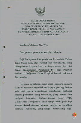 Teks Sambutan Gubernur Kepala Daerah Istimewa Yogyakarta pada pembukaan penataran P4 bagi Pegawai...