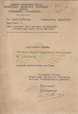 Surat dari Komisaris Tinggi Pemerintah RI untuk Surakarta – Yogyakarta, No.1227/7/kr/sos kepada P...