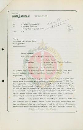 Surat dari Drs. Octo Lampito (Wartawan harian ‘Bernas’ Yogyakarta) kepada Ketua Persatuan Wartawa...