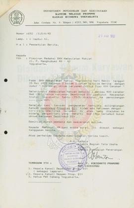 Surat dari Kepala Sub Bagian Penerangan yang bertindak atas nama Kepala Bagian Tata Usaha Departe...
