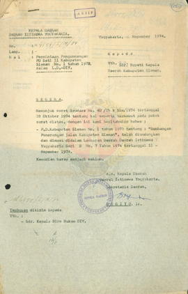 Permintaan Pengundangan PD. Dati II Sleman No. 1 Tahun 1972 tentang Sumbangan Penerangan Jalan Ka...