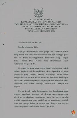 Teks Sambutan Gubernur Kepala Daerah DIY pada Pembukaan Sarasehan/Dialog dengan tema “Peran dan W...