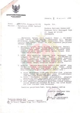 Surat dari Direktur Pembinaan Pers Departemen Penerangan Republik Indonesia kepada Sutrisno Somow...