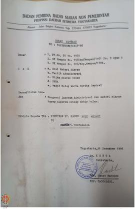 Surat teguran Nomor : 16/BPRSNP/XII/96 dari Seketaris yang bertindak atas nama Ketua Badan Pembin...