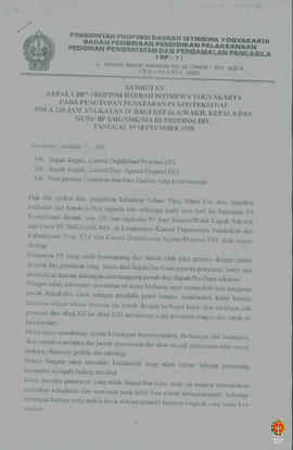 Teks sambutan Kepala BP7 Provinsi Daerah Istimewa Yogyakarta pada penutupan penataraan P4 konteks...