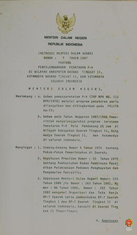 Instruksi Menteri Dalam Negeri No. 9 Tahun 1987 tentang penyelenggaraan penataran P4 pola penduku...