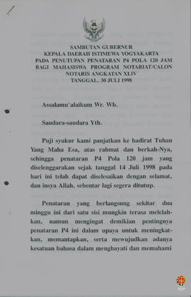 Teks sambutan Gubernur Kepala Daerah Istimewa Yogyakarta pada pembukaan penataraan P4 pola 120 ja...