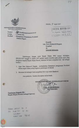 Surat dari Sekretaris Direktorat Jenderal Penerangan Umum kepada Para Kepala Kantor Wilayah Depar...