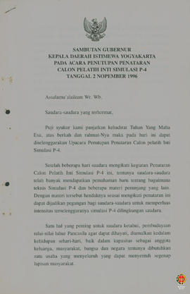 Teks Sambutan Gubernur Kepala DIY pada acara Penutupan Penataran Calon Pelatih Inti Simulasi P4.