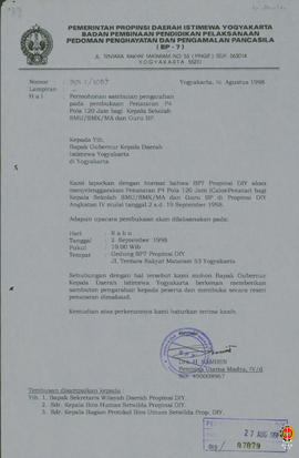 Surat dari Kepala BP7 ditujukan kepada Gubernur Kepala Provinsi Daerah Istimewa Yogyakarta periha...