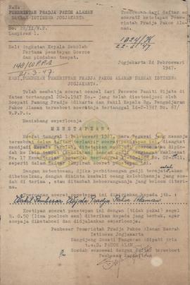 Surat dari Pemerintah Praja Pakualaman Nomor : 2/II/ WP tanggal 24 Pebruari 1947 tentang  daftar ...