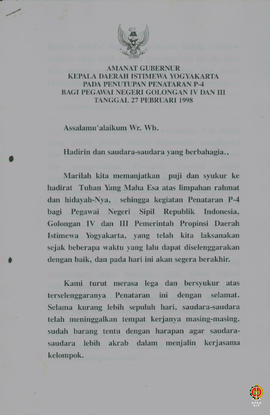 Amanat Gubernur Kepala Daerah Istimewa Yogyakarta Pada Pentupan Penataran P4 Bagi Pegawai Negeri ...