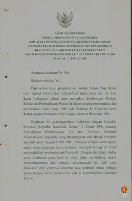 Teks Sambutan Gubernur Kepala Daerah DIY pada Pembukaan Dialog/ Sarasehan Pembudayaan Pancasila d...