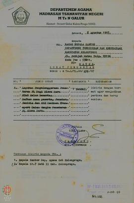 Laporan Hasil penataran P-4 siswa tahun ajaran baru 1997/1998 MTS N Galuh.