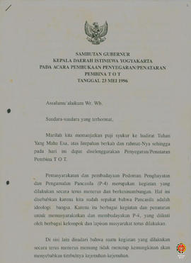 Teks sambutan Gubernur Kepala Daerah Istimewa Yogyakarta pada acara pembukaan penyegaran /penatar...