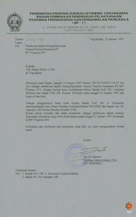 Surat dari Kepala BP-7 DIY kepada Rektor UGM perihal pemberitahuan pergantian Pembicara dalam Dia...