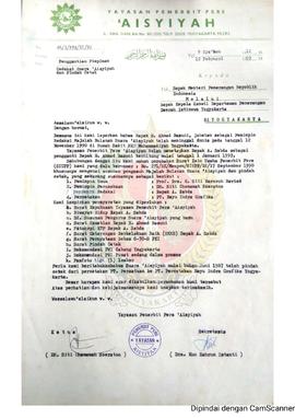 Surat dari Yayasan Penerbit Pers Suara Aisyiyah kepada Menteri Penerangan Rebublik Indonesia mela...