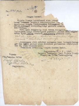 Surat dari Bupati Paniradya Pati wiyata Praja kepada Pakualaman tanggal 18 Pebruari 1946, tentang...