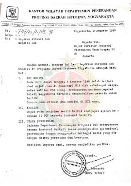 Berkas surat perihal Laporan Situasi dan Kondisi  Daerah Istimewa Yogyakarta pada bulan Agustus 1996