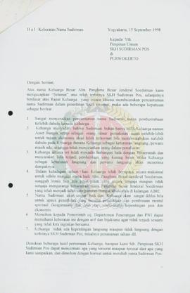 Surat dari Keluarga Besar Jenderal Soedirman kepada Pimpinan Umum Surat Kabar Harian Sudirman Pos...