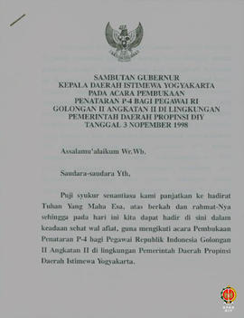 Sambutan Gubernur Kepala Daerah Istimewa Yogyakarta pada Acara Pembukaan Penataran P4 bagi Pegawa...