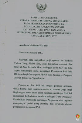Teks sambutan Gubernur Kepala Daerah Istimewa Yogyakarta pada acara penutupan penataran P4 Pola 1...