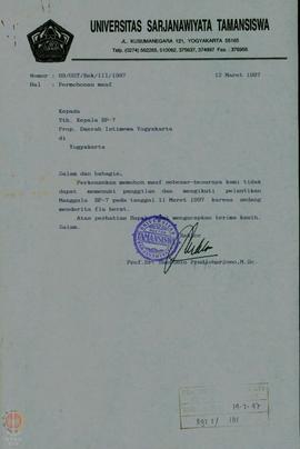 Surat dari Rektor Universitas Sarjanawiyata Tamansiswa ditujukan kepada Kepala BP-7 Propinsi DIY ...