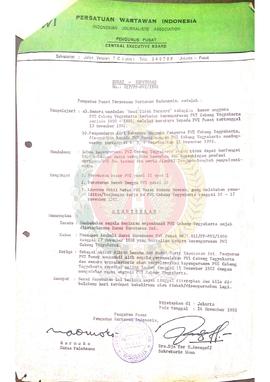 Surat Keputusan dari Persatuan Wartawan Indonesia Jakarta Nomor : 017/PP-PWI/ 1982 tentang  Pembe...