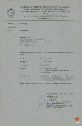 Surat dari Kepala BP 7 Provinsi DIY kepada Sdr. Sunadiman tentang undangan Pembukaan penawaran pe...